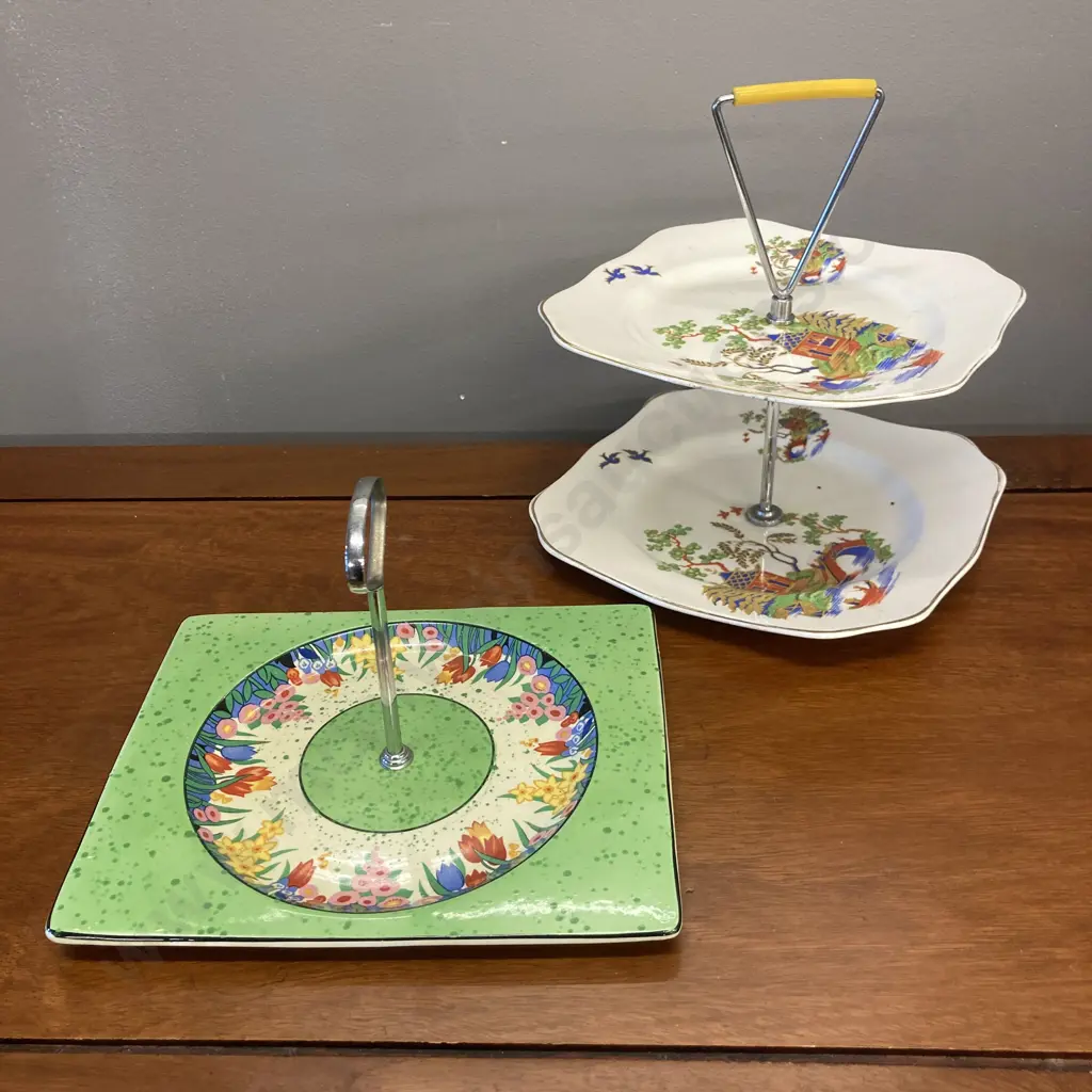 Vintage Solian Ware Soho Pottery Gaudy Willow 2 Tier China Cake Stand & "The Biarritz" Royal Staffordshire Cake Plate Image 1++